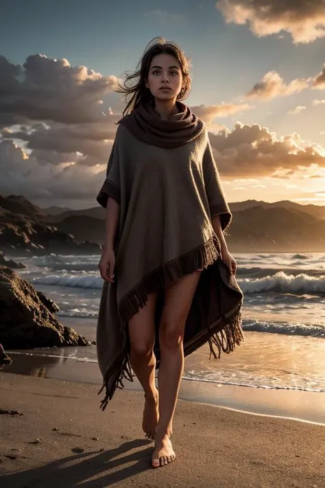 barefoot girl wearing poncho, <lora:Poncho_v1:0.6>, photography, masterpiece, best quality,HDR, highres,realistic details,40K, HDR, highres, volumetric lighting, field of view