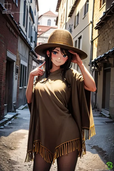 ((masterpiece,best quality)), absurdres,
<lora:Poncho_v1:0.7>, Poncho, 1girl,
solo, smiling, looking at viewer, cowboy shot,
cinematic composition, dynamic pose,