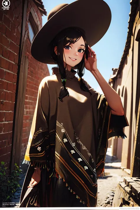 ((masterpiece,best quality)), absurdres,
<lora:Poncho_v1:0.9>, Poncho, 1girl,
solo, smiling, looking at viewer, cowboy shot,
cinematic composition, dynamic pose,