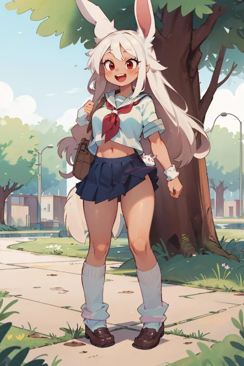 ((masterpiece)), (best quality), official art, extremely detailed CG, unity 8k wallpaper, ultra detailed, highly detailed, detailed background,
mirko mha, 1girl, solo, dark-skinned female, dark skin, rabbit girl, muscular female, animal ears, rabbit ears, muscular, abs, red eyes, long eyelashes, large breasts, superhero, white hair, very long hair, parted bangs,
blush, smile, :d, open mouth,
school uniform, serafuku, (baggysocksplain:1.3),
(skiny:1.2), (thin thighs:1.2), full body, in the park,
<lora:mirko:0.8>, <lora:baggysocksplain:1>