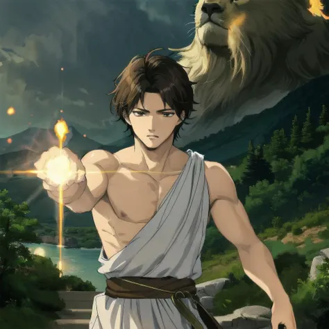 1boy, , brown hair, brown eyes, ancient Greek clothing, supernatural power, invoking magic, epic battle against a mythological creature, Mediterranean wilderness background