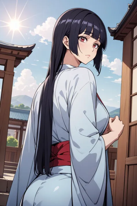 an illustration of the upper body, of a monster girl with the aspect of a girl with black straight hair in the style of <lora:hime_style-1.0:1> hime style and hime cut with blunted bangs, draped hair, cascading hair and flowing hair, with red eyes, wearing a blue kimono in a temple setting while the sun is high in the cloudy sky, using a from behind and a dutch angle