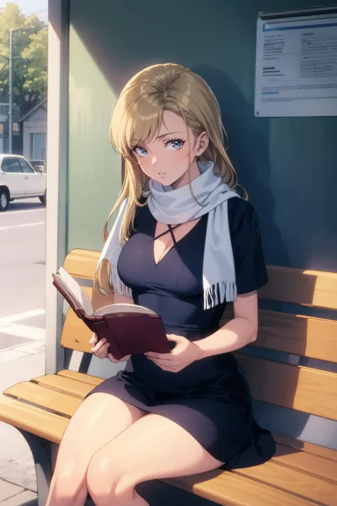 masterpiece, best quality, 1girl, solo, long hair, blonde hair, blue eyes, looking at viewer, soft focus, medium breasts, black dress, halterneck, criss-cross halter, scarf, white scarf, reading, bus stop, sitting, bench, (1980s \(style\))