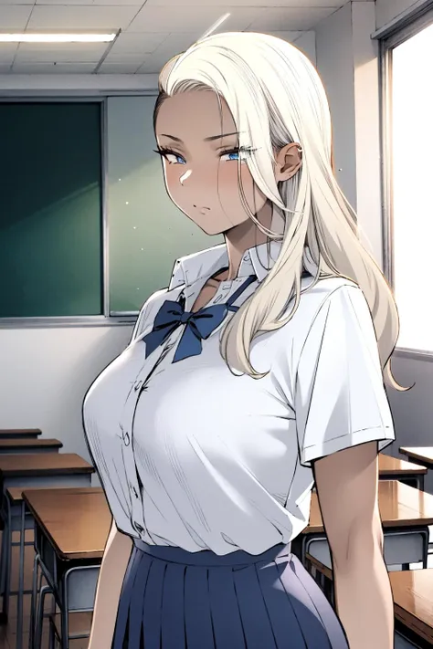 masterpiece, best quality, 1girl, <lora:Seina-000009:1> seina, dark skin, dark-skinned female, blonde hair, blue eyes, school uniform, upper body, cowboy shot, classroom