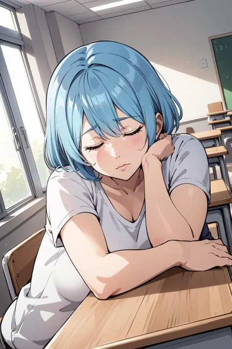 a masterpiece illustration of a girl with very short light blue hair and closed eyes, who is resting with the head on her arms, lying on a desk in a classrooms setting at down, with the sunlight entering the windows using dutch angle