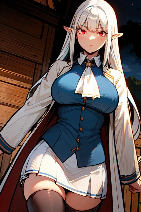 masterpiece, best quality,  <lora:Mirufu:0.8> mirufu, mature female, <lora:cheong manhwa-lora-nochekaiser:1> cheong, long hair, bangs, (red eyes:1.2), white hair, pointy ears, curly hair, skirt, shirt, thighhighs, jacket, zettai ryouiki, ascot, white skirt, collar, long sleeves, blue shirt