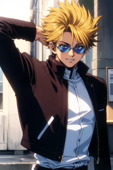 masterpiece, best quality, 1boy, solo, trigun, trigun stampede, blonde hair, jacket, smile, round eyewear,  (1980s \(style\))