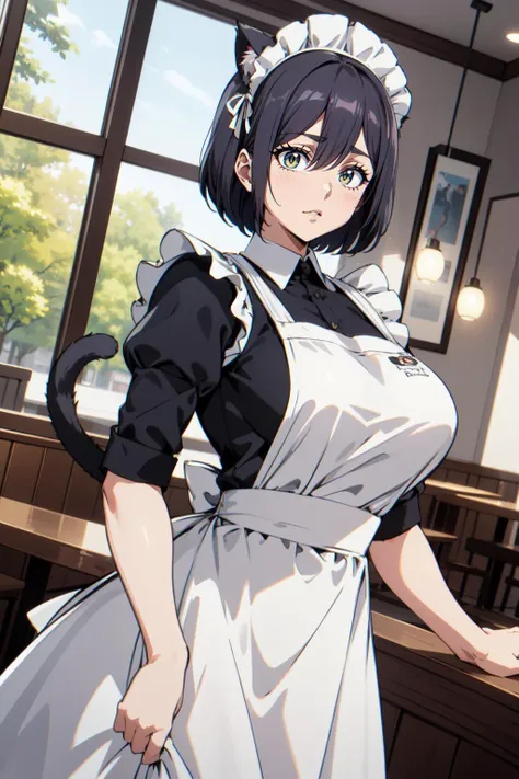 an illustration of a cat girl, in the style of (1990s \(style\)), wearing a maid outfit with a maid headdress and a maid apron while a cat tail comes through the dress, indoors in a restaurant, using a dutch angle