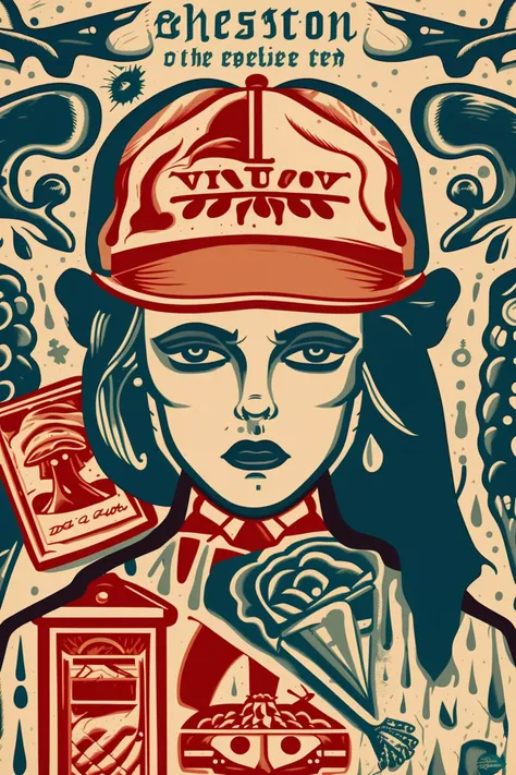 a woman with a red hat and blue dress , Executive, Dave_Quiggle_Style