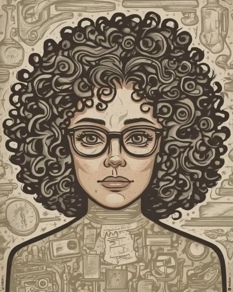 a woman with glasses and a curly hair , Guide, Dave_Quiggle_Style<lora:Dave_Quiggle_Style_sdxl:1.0>