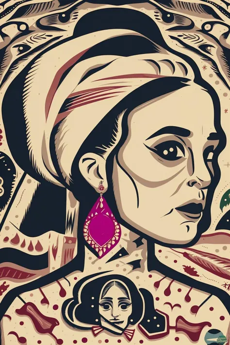 a woman with a colorful head scarf and earrings , Genealogist, Dave_Quiggle_Style