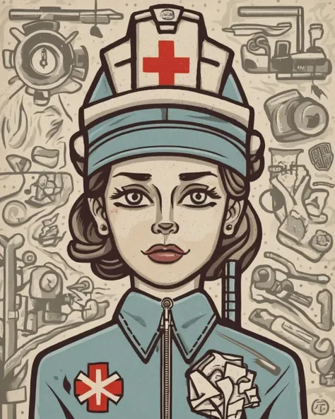 a woman with a hat on her head , Paramedic, Dave_Quiggle_Style<lora:Dave_Quiggle_Style_sdxl:1.0>
