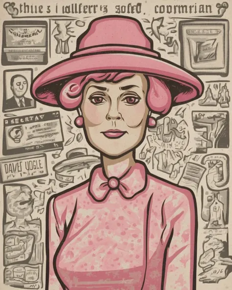 a woman with a pink hat and a pink dress , Secretary General, Dave_Quiggle_Style<lora:Dave_Quiggle_Style_sdxl:1.0>