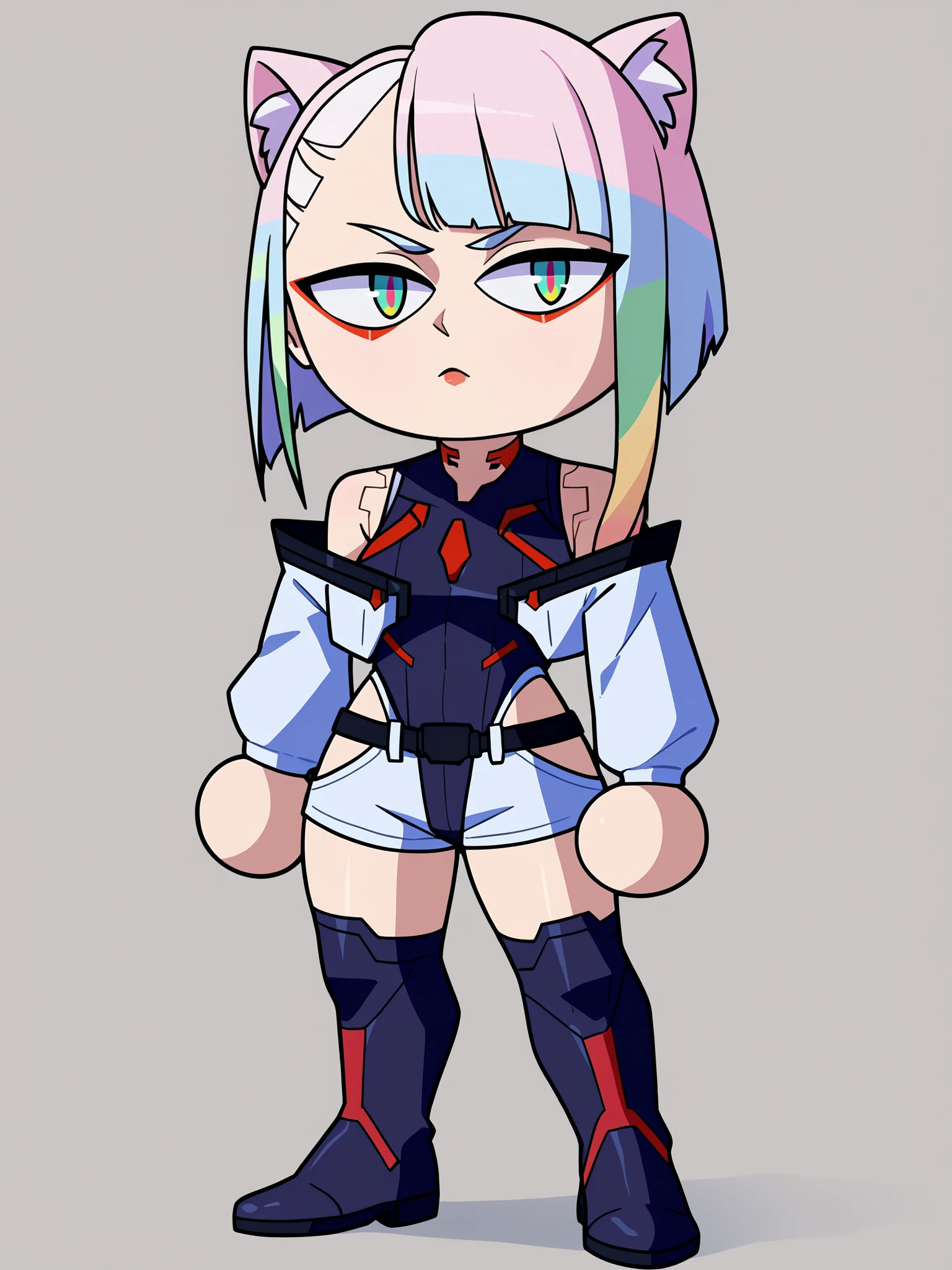 score_9, score_8_up, score_7_up, BREAK, 1girl, necoarc, cat ears, bare shoulders, lucy \(cyberpunk\), 1girl, short hair, bangs, multicolored hair, multicolored eyes, red eyeliner, makeup, black belt, bodysuit, highleg leotard, white open jacket, white short shorts, hip vent, thighhighs boots, chibi, slit pupils, solo, full body, white background <lora:necoarc-guy-PONY-v1:1> <lora:LucyXL:1>