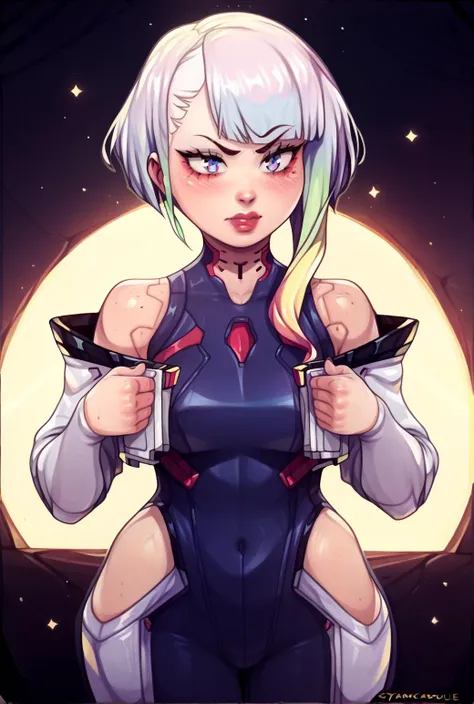 score_9,score_8_up,score_7_up,score_6_up,score_5_up,score_4_up rating_safe, lucyna \(cyberpunk\),bodysuit, white open jacket, <lora:LucyXL:1>, <lora:Lunas-CyanCapsule-SDXL-A1:0.8> cyancapsule