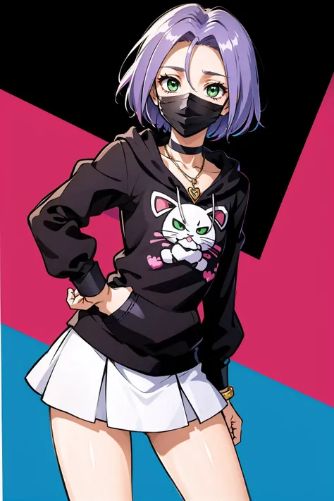masterpiece, highres, absurdres, high quality,best quality, 1boy, solo, looking at viewer,colorful, abstract background,<lora:EPpkJames-07:0.7>, EPpkJames, short hair, purple hair, green eyes, otoko no ko, bulge
BREAK
animal hoodie, layered skirt, face mask, jewelry, necklace, bracelet, ring