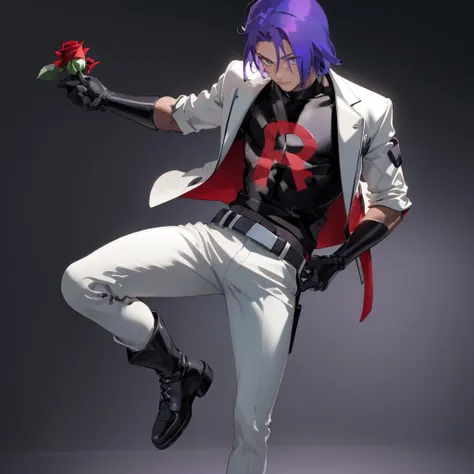 best quality, (Masterpiece) ,  simple background , full body , short hair, 
 <lora:EPpkJames:0.7>, EPpkJames, james \(pokemon\), purple hair, 1boy, belt, belt buckle, black footwear, black gloves, black shirt, boots, buckle, elbow gloves, gloves, white jacket, holding red rose, cropped jacket, white pants,  by sakimichan