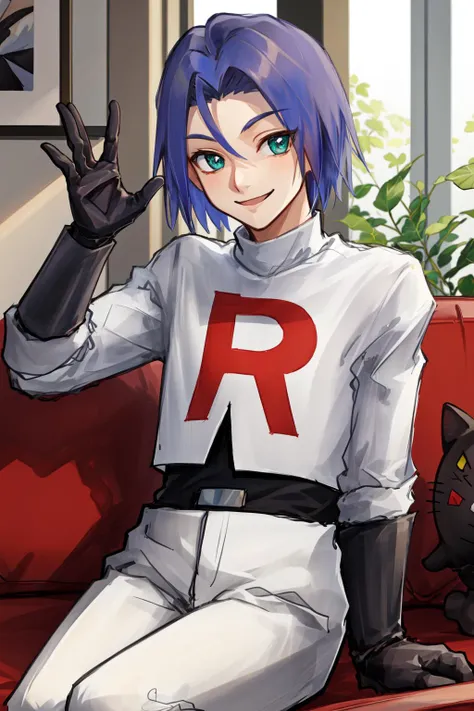 masterpiece, best quality, expressive eyes, absuredres, 1man, <lora:EPpkJames:1> eppkjames, blue hair, team rocket uniform, black gloves, short hair, sitting on couch, one arm up waving, looking at viewer, smiling,