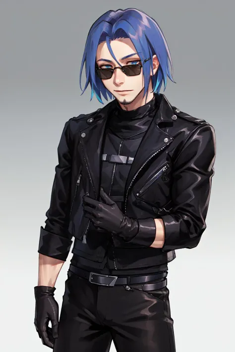 masterpiece, best quality, expressive eyes, absuredres, 1man, muscular, biceps, <lora:EPpkJames:1> eppkjames, blue hair, black gloves, short hair, black leather jacket, sunglasses,