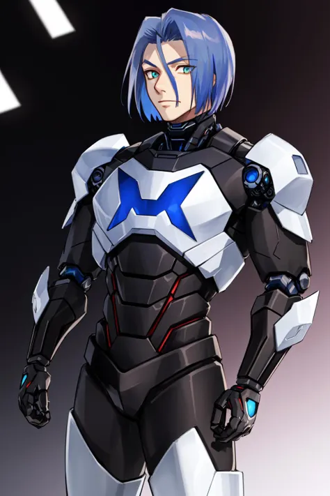 masterpiece, best quality, expressive eyes, absuredres, 1man, (muscular), biceps, <lora:EPpkJames:1> eppkjames, blue hair, short hair, cybernetic parts, exo-suit, visor,