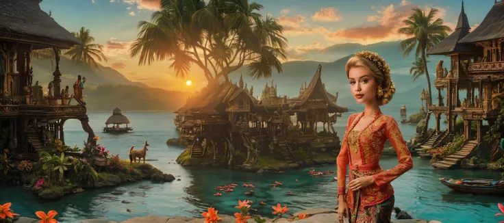 ((a closeup photo of beautiful barbie wearing kebaya2 batik)),sunrise scenery in futuristic balinese village,beautiful,eyecatch,mythical flower landscape,beach,ocean,street,<lora:cyber:0.3>,castle,<lora:FantasySettlement:0.3>,FanSe,<lora:howllatentDADAP4:0.3>,howlbgs,<lora:SyFyEye1_v2.0:0.3>,SyFyEye1,<lora:FantasyLandscape:0.3>,FanLan,<lora:flowers_landscape:0.3>,<lora:kebaya2:0.5>,cinematic photograph,bokeh,