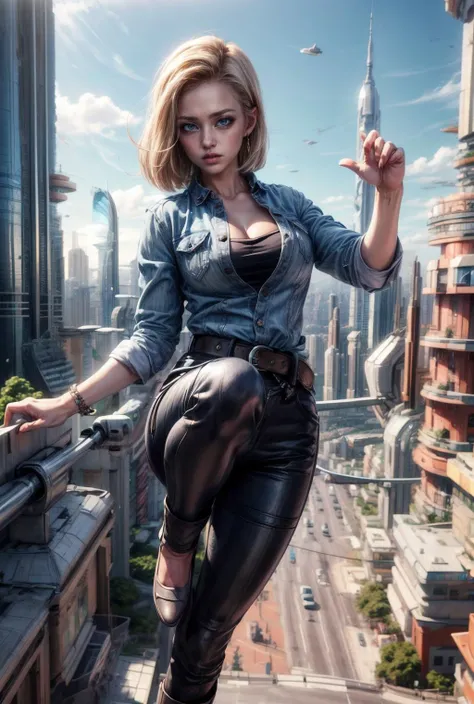 ((masterpiece, best quality, 4k, detailed, realistic)),(highres), large_breasts, blue_eyes, short , blond hair <lora:c18:0.75>, 1girl, (android c18 wearing blue short-sleeved denim jacket with a blue collared and white shirt with long sleeves), Carla Wyzgala, perfect eyes, a photorealistic painting, computer art,cleavage, brown background, buttons, collarbone, denim jacket, earrings, jewelry, lips, long sleeves, looking at viewer, realistic, shirt, short hair,brown belt, full body, long eyelashes, soft dark makeup,mascara, cowboy shot, looking at viewer, absurdres, narrow hips, thick thighs,fit body,detailed face, detailed background, detailed hair, BREAK <lora:LORA-XenoDetailer-v3:0.3>, <lora:more_details:1.2>,( in a futuristic city with flying cars and skyscrapers of various shapes in background, spherical skyscrapers, cars flying in the sky),(dynamic pose:1.5), white shirt under blue denim jacket, black boot, dynamic pose, dynamic angle, outdoor,futurecity, day, streetview, architecture, a bustling city street,robots and future cars, adding to the lively scene.<lora:cyber:0.8>