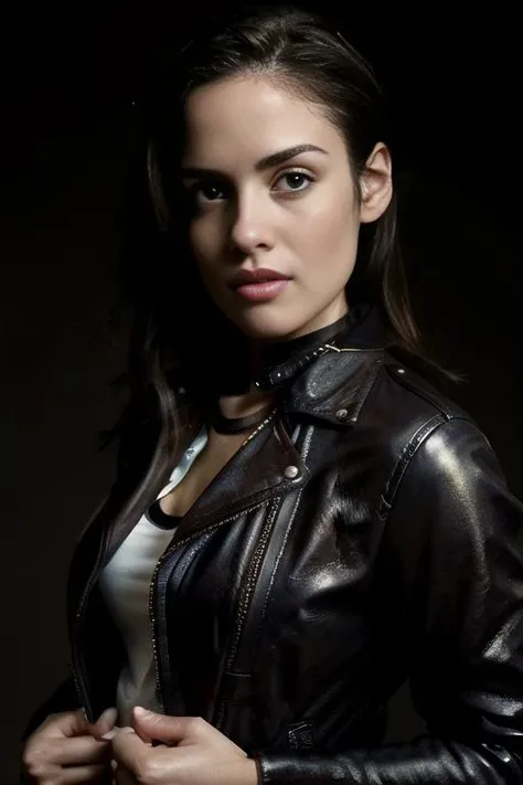 Pretty woman, wrapped in leather straps, dressed in black leather, looking at me, smirking, selfie pov, ultra hd, realistic