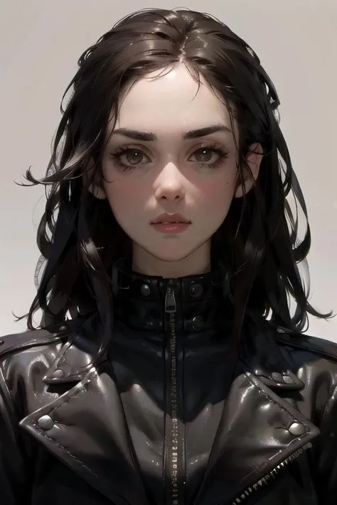 (8k, masterpiece, best quality, solo, sfw), ((Muriel Senderos)), portrait, (leather jacket), looking at camera, eyelines, eyeshadows, simple background, <lora:Muriel_Senderos_v1:0.95>