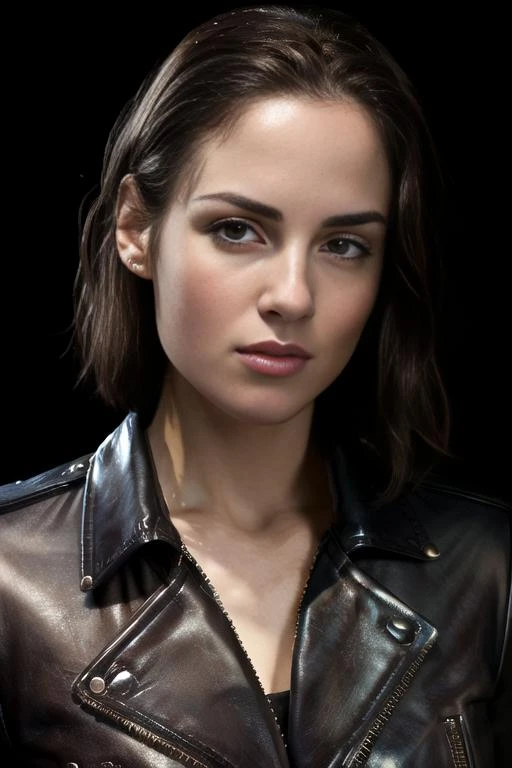 (8k, masterpiece, best quality, solo, sfw), ((Muriel Senderos)), portrait, (leather jacket), looking at camera, eyelines, eyeshadows, simple dark background, <lora:Muriel_Senderos_v1:0.95>