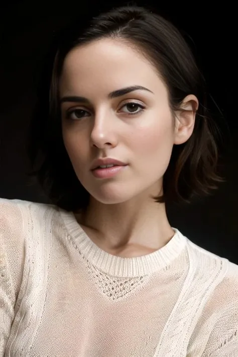 (8k, masterpiece, best quality, solo, sfw), ((Muriel Senderos)), portrait, (white thick knit sweater), looking at camera, eyelines, eyeshadows, simple dark background, <lora:Muriel_Senderos_v1:0.95>