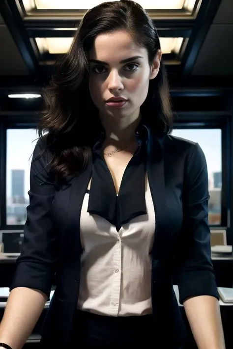 (8k, masterpiece, best quality, solo, sfw), ((Muriel Senderos)), portrait, (office outfit), looking at camera, eyelines, eyeshadows, simple dark background, <lora:Muriel_Senderos_v1:0.95>
