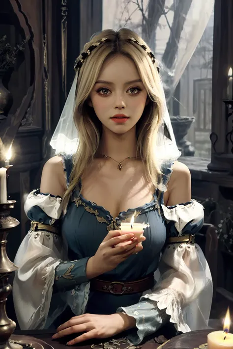 (best quality, masterpiece), 1girl,portrait of (gg:1.0) as medioeval herbalist, blonde hairs, looking at viewer, beatifull dress,medium breast, cleavage, candlestand, veil, <lora:RPGHerbalist:0.7>,BARE SHOULDERS, LONG SLEEVES,PUFFY SLEEVES, canvas dress <lora:gg_v05_SD15:0.7>