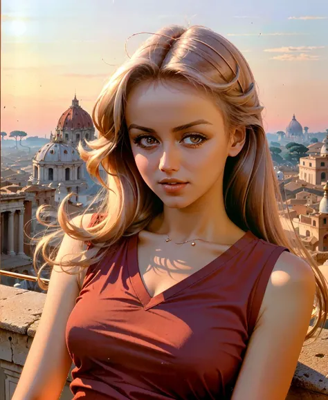 close-up of gg in a plain sleeveless red shirt at Rome in the first light of the morning, in the 70s, rarefied atmosphere, desaturated colors <lora:gg_GloriaGuida_LoRA_SD15_59x9batch4_v07-000010:1>