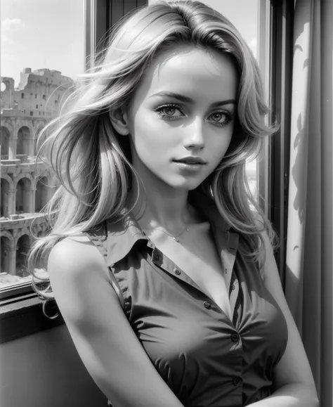 close-up of gg wearing sleeveless shirt, first light of the morning in Rome in the 70s, rarefied air atmosphere, desaturated colors <lora:gg_GloriaGuida_LoRA_SD15_59x9batch4_v07-000010:0.7>