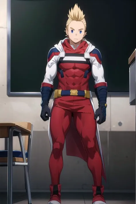 mirio, <lora:mirio-lora-nochekaiser:1>,
mirio, short hair, blonde hair, spiked hair,
BREAK gloves, boots, pants, cape, bodysuit, white footwear, red gloves, red cape, blue pants, superhero,
BREAK looking at viewer, full body,
BREAK indoors, classroom,
BREAK <lyco:GoodHands-beta2:1>, (masterpiece:1.2), best quality, high resolution, unity 8k wallpaper, (illustration:0.8), (beautiful detailed eyes:1.6), extremely detailed face, perfect lighting, extremely detailed CG, (perfect hands, perfect anatomy),