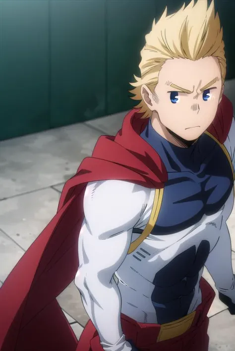 mirio, <lora:mirio-lora-nochekaiser:1>,
mirio, short hair, blonde hair, spiked hair,
BREAK gloves, boots, pants, cape, bodysuit, white footwear, red gloves, red cape, blue pants, superhero,
BREAK looking at viewer, upper body,
BREAK indoors, classroom,
BREAK <lyco:GoodHands-beta2:1>, (masterpiece:1.2), best quality, high resolution, unity 8k wallpaper, (illustration:0.8), (beautiful detailed eyes:1.6), extremely detailed face, perfect lighting, extremely detailed CG, (perfect hands, perfect anatomy),