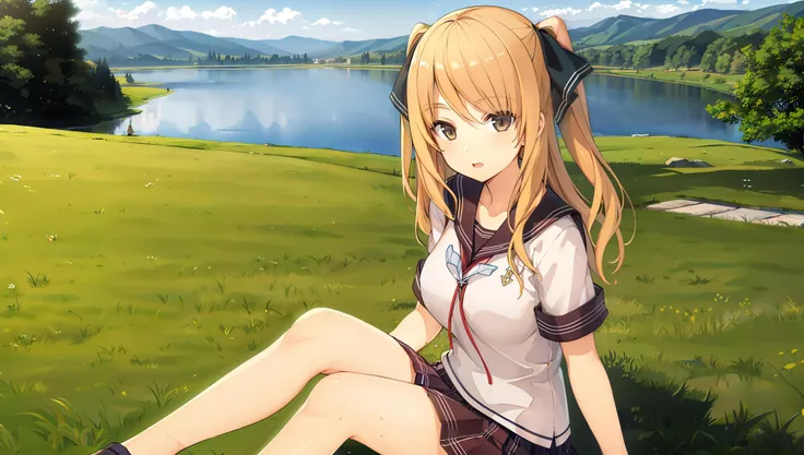 satohin reiko,1girl,twintails,long hair,blonde hair,school uniform, lake,nature, <lora:satoyinTEST:0.55>,