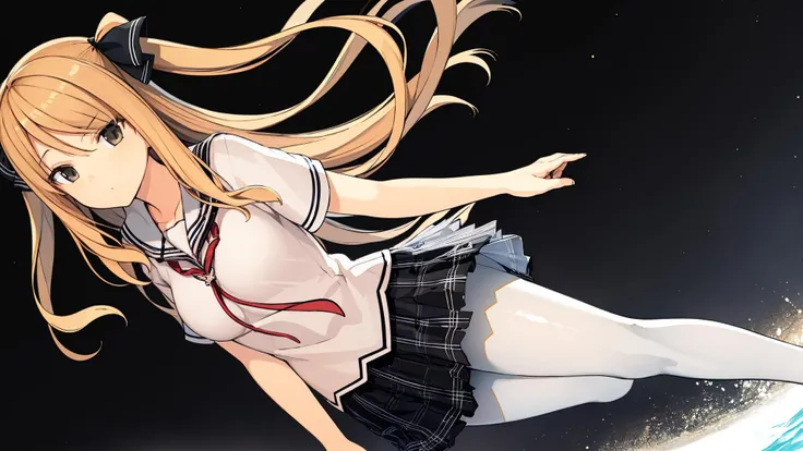 satohin reiko,1girl, twintails,long hair,blonde hair,school uniform,white skirt,white shirt,black pantyhose,,night sky,star river,, <lora:satoyinTEST:0.55>