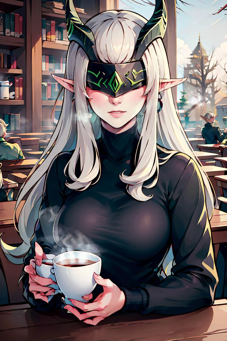 <lora:ricegnat_style:0.8>, ((masterpiece,best quality)), absurdres, <lora:Shemira_AFK_v2:0.8>, Shemira_AFK, pointy ears, covered eyes, grey skin, turtleneck sweater, earrings, library, cup of steaming coffee,