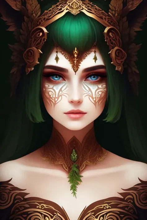 Nurturing, a (stylized) closeup portrait of a (nature loving Mature Wood Elf woman with long brown hair and olive skin), ruby eyes, perfect face, flirty expression, rosy cheeks, embarrassed, looking at viewer, (third eye), (aura:1.1), soft glow, scenic fantasy forest background, lush vegetation, blossoming flowers, Mandala, pagan symbolism, sacred geometry, surrealism, vivid colors, highly detailed, hires, oil on canvas, enchanting, (graffiti style), by Minjae Lee