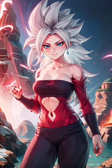 <lora:redice-concept-richy-v1:1.3>, redice, red theme, (red glow,:1.1) , big ice crystals,
<lora:ricegnat_style:0.8>,((masterpiece,best quality)), absurdres, energy, aura, electricity, <lora:Super_Saiyan_4_Caulifla:0.8>, Super_Saiyan_4_Caulifla, white hair, blue ice, blue clothes, black shirt, sleeveless, bare shoulders, solo, smiling, smug, looking at viewer, cowboy shot, contrapposto, cinematic composition,