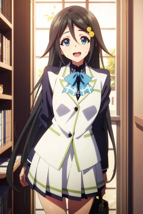 <lora:anime_screencap_v2:0.3> tall body, tall, long legs, mature female, mature, adult, <lora:GoodHands-beta2:1.4>,
<lora:eft_phantom_black:0.8> Eft_phantom_black, 1girl, long hair, black hair, hair ornament, blue eyes, school uniform, solo, open mouth, looking at viewer, sweatdrop, hairclip, hair between eyes, smile, jacket, skirt, bow, shirt, blazer, indoors