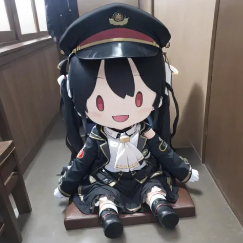 <lora:86xl_v1.4-000010:0.6>,black hair,red eyes,
8620 \(uniform\),peaked cap,white gloves,black jacket,black skirt,black headwear,white ascot,armband,frills,black boots,
<lora:fufu_xl:1.2>,fu1fu,
solo,
smile,
sitting,
indoors,