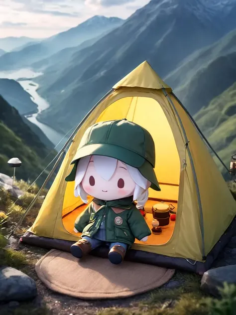 fu1fu,character doll,chibi,fullbody,outdoors jacket,trousers,outdoors boots,outdoors hat,.sweet atmosphere,photorealistic,dreamy,harmony,dynamic angle,in a tent,on the top of a moutain,.highres,((masterpiece)),((high quality)),(((Extreme details))),.,
<lora:fufu_xl:1>,