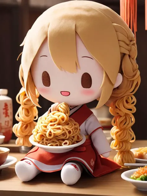 fu1fu,fufu,character doll,chibi.having noodles,chinese traditional restaurant,.masterpiece,best quality,highres,delicate details,
<lora:fufu_xl:1>,