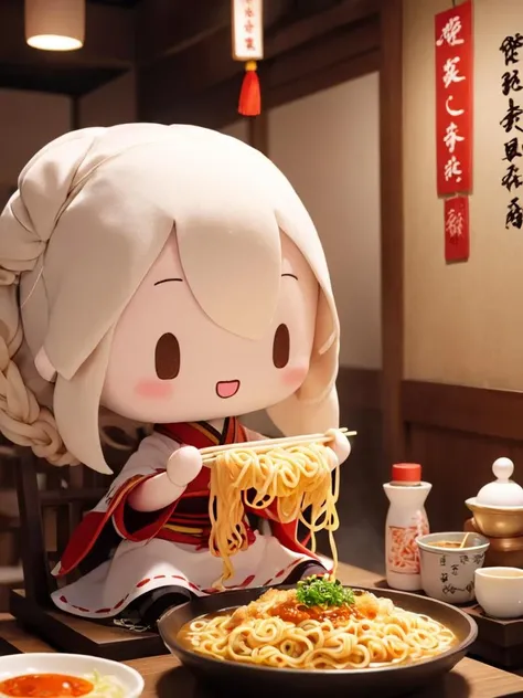 fu1fu,fufu,character doll,chibi.having noodles,chinese traditional restaurant,.masterpiece,best quality,highres,delicate details,
<lora:fufu_xl:1>,