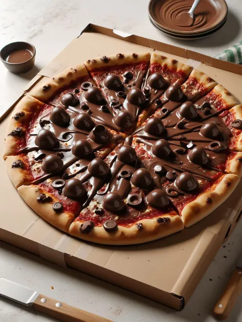 ais-chocsauce pizza, in the pizza box on a kitchen table <lora:Chocolate_Sauce_SDXL:1>