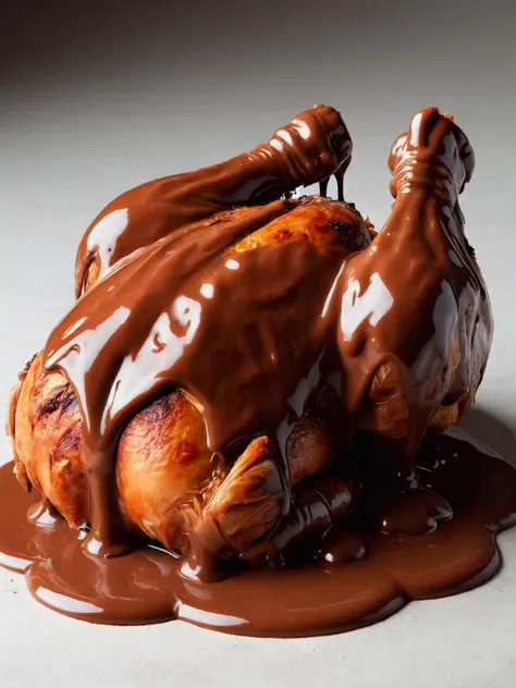 A stunning roast chicken completely covered by ais-chocsauce <lora:Chocolate_Sauce_SDXL:1>