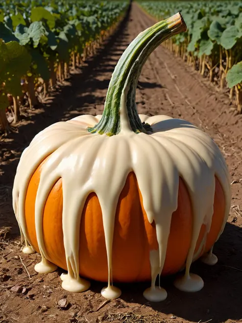 white ais-chocsauce pumpkin growing in a field <lora:Chocolate_Sauce_SDXL:1>,<lora:EnvyBetterHiresFixXL01:0:hr=1>