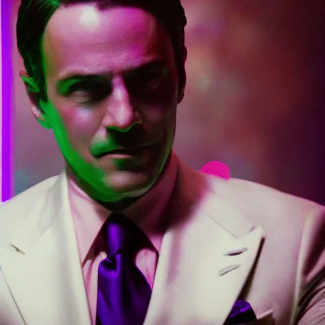 35mmNeon (close up shot) analog photo of the devil in a suit, arms crossed, dark interior, (purple neon in the background), nighttime, chiaroscuro, contrejour, rim light, high contrast, detailed skin,